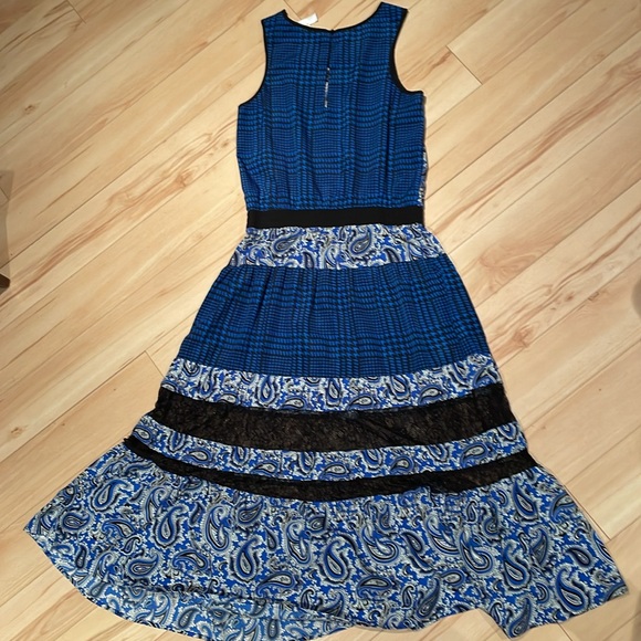 Sz S Michael Kors Blue Lazio Paisley/plaid Print Tiered Maxi Dress W/lace - Picture 7 of 9